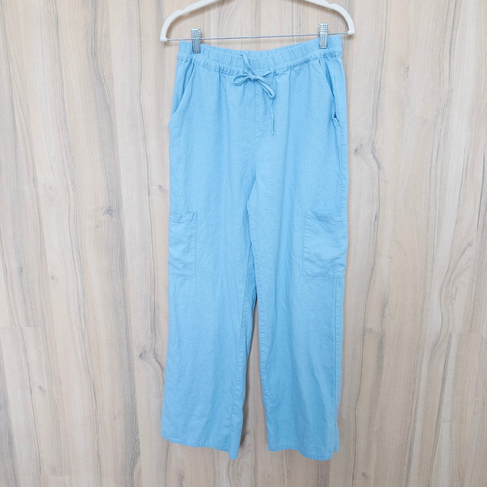 Love Tree Womens Linen Cargo Pants M Blue Drawstring Straight Leg Coastal Summer
